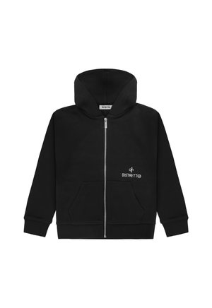 Felpa nera con zip realizzata in un tessuto morbido, presenta una tasca a marsupio sulla parte anteriore e un logo bianco sulla zona sinistra del petto. Texture liscia, design casual.