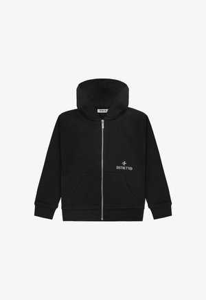 Felpa nera con zip realizzata in un tessuto morbido, presenta una tasca a marsupio sulla parte anteriore e un logo bianco sulla zona sinistra del petto. Texture liscia, design casual.