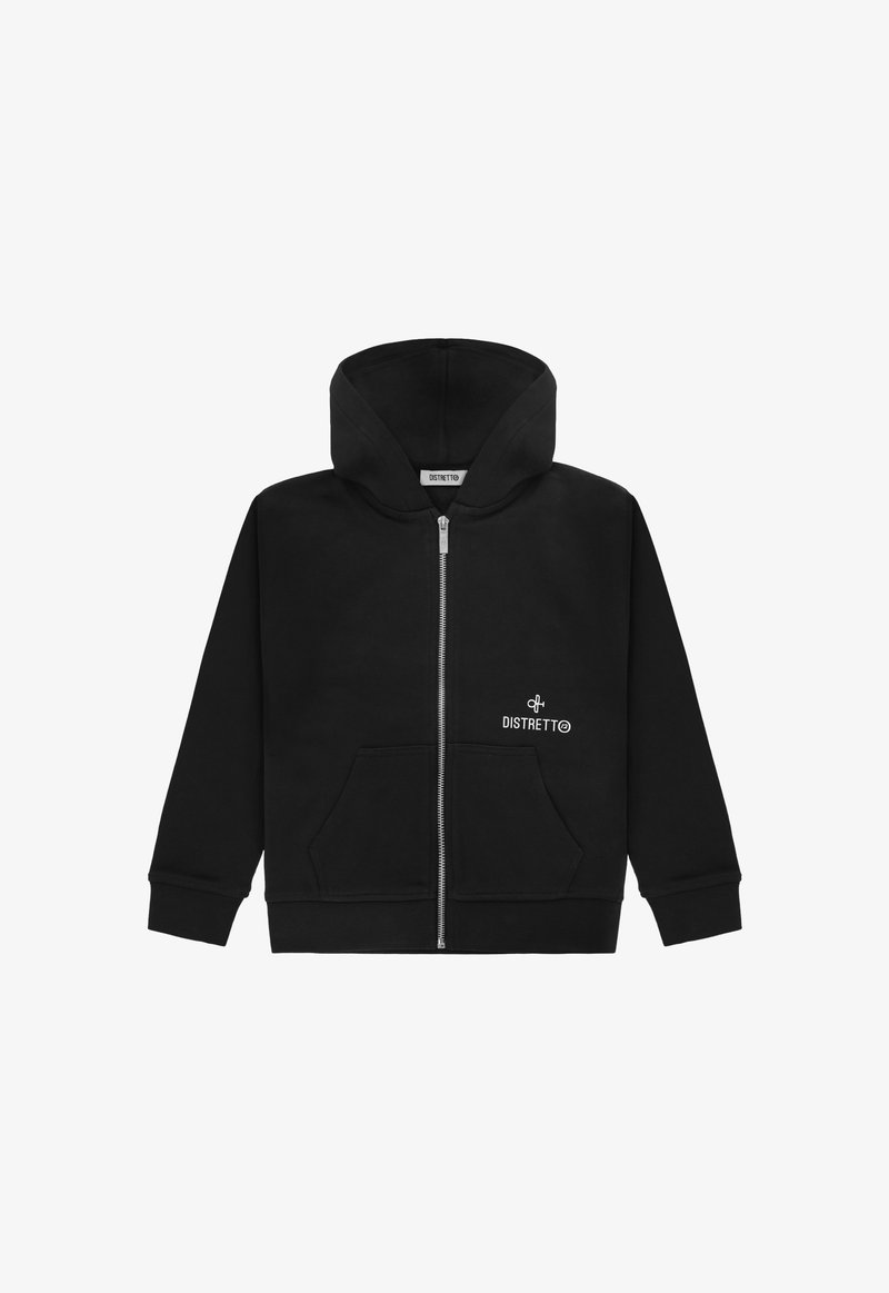 Felpa nera con zip realizzata in un tessuto morbido, presenta una tasca a marsupio sulla parte anteriore e un logo bianco sulla zona sinistra del petto. Texture liscia, design casual.