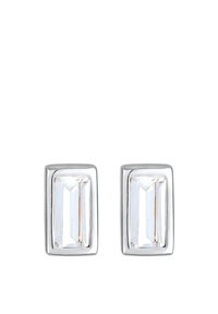 Silver geometriska örhängen med klara rektangulära kristaller, polerad finish och släta kanter, utformade för en modern estetik.