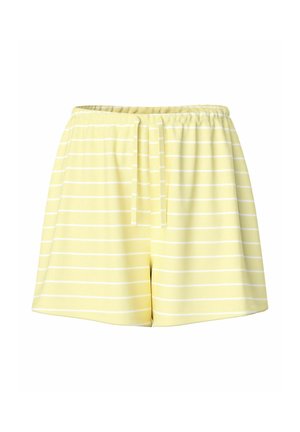 Gule shorts med hvite horisontale striper, elastisk midje og justerbar snor foran.
