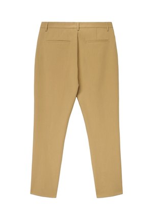 Pantaloni beige con una vestibilità sartoriale, caratterizzati da una texture liscia, tasche posteriori e una finitura pulita, che si restringono alla caviglia.