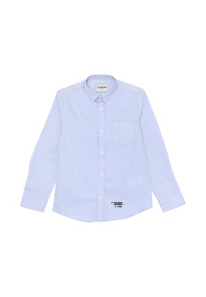 Camicia button-up azzurro chiaro a maniche lunghe con colletto, dotata di taschino sul petto e di un dettaglio grafico vicino all'orlo. Tessuto strutturato.