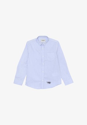 Camicia button-up azzurro chiaro a maniche lunghe con colletto, dotata di taschino sul petto e di un dettaglio grafico vicino all'orlo. Tessuto strutturato.