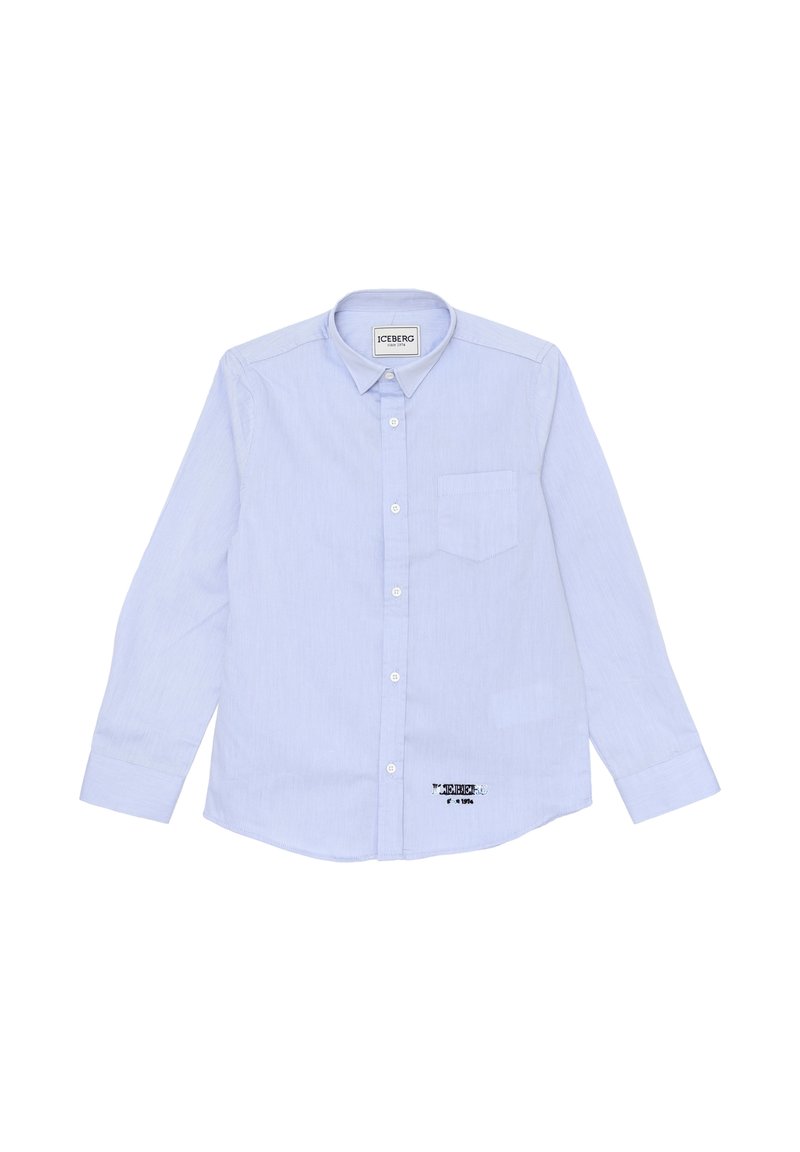 Camicia button-up azzurro chiaro a maniche lunghe con colletto, dotata di taschino sul petto e di un dettaglio grafico vicino all'orlo. Tessuto strutturato.