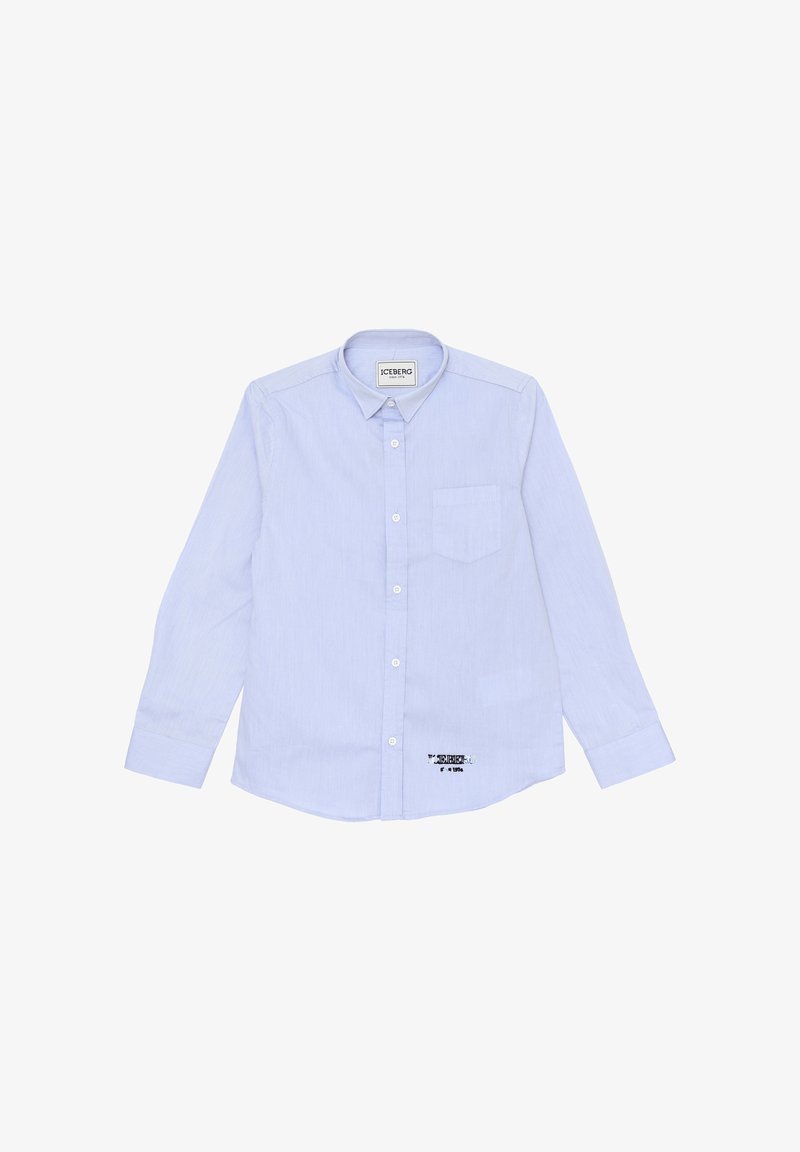 Camicia button-up azzurro chiaro a maniche lunghe con colletto, dotata di taschino sul petto e di un dettaglio grafico vicino all'orlo. Tessuto strutturato.