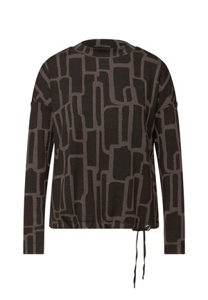 Bluzka z długim rękawem w ciemnoszarym kolorze, zdobiona abstrakcyjnym, geometrycznym wzorem w jaśniejszym odcieniu szarości. Posiada sznurek regulujący u dołu.