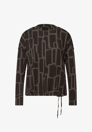 Långärmad topp i mörkgrått med ett abstrakt geometriskt mönster i ljusare grått. Inkluderar dragsko i fållen för justering.