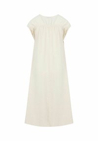 Robe longue crème avec détails froncés aux épaules et une silhouette ample et fluide.