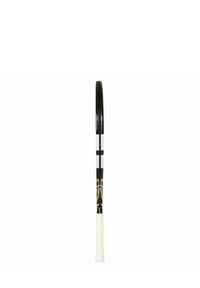 Schwarz-weißer Tennisschläger mit strukturiertem Griff. Verfügt über eine schlanke, elongatede Form und geometrische goldene Akzente am Rahmen.