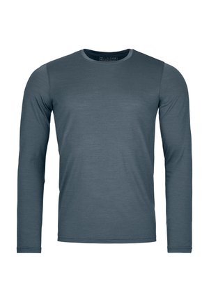 Langarmshirt aus weichem, glattem Stoff in einem gedeckten Dunkelblau. Verfügt über einen runden Ausschnitt und eng anliegende Ärmel ohne Muster.