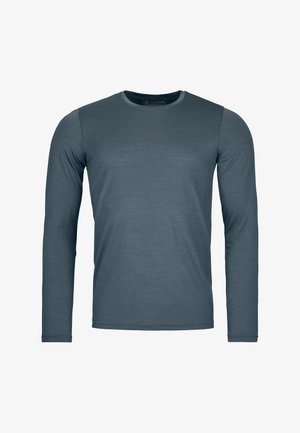 Long-sleeve shirt made of soft, smooth fabric in a subdued dark blue color. Features a round neckline and fitted sleeves with no patterns.