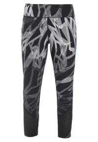 Zwart en grijs geblokte capri leggings met een mix van zigzag- en lineaire ontwerpen, voorzien van een gladde tailleband en contrasterende paneelaccenten.