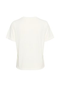 Tricou cu mânecă scurtă, de tip crew-neck, din țesătură albă murdară, cu o textură fină, croială lejeră, cu un tiv drept și un design minimalist.