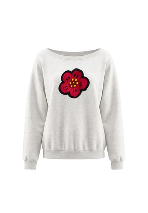 Lysegrå sweatshirt med lange ærmer, bred halsudskæring og en stor rød blomst med gule prikker midt på foran.