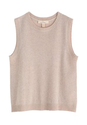 Pulover fără mâneci de culoare bej deschis, realizat dintr-un material tricotat moale. Are un gât rotund și margini ondulate la brațe și la tiv. Textură netedă.