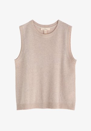 Pulover fără mâneci de culoare bej deschis, realizat dintr-un material tricotat moale. Are un gât rotund și margini ondulate la brațe și la tiv. Textură netedă.