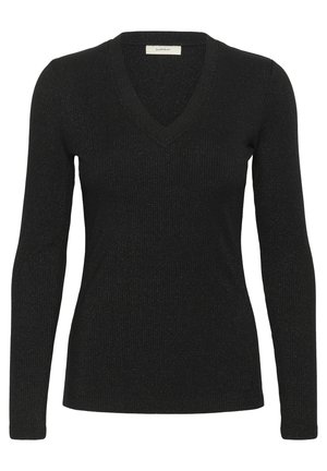 Schwarzer gerippter Langarmpullover mit V-Ausschnitt; verfügt über einen strukturierten Stoff mit dezentem Glanz. Schlichte und taillierte Silhouette.