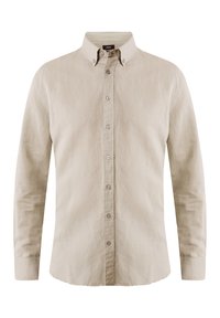 Chemise à manches longues, beige, en tissu texturé avec un col boutonné et des boutons sur le devant ; elle présente une coupe classique et un design ajusté.