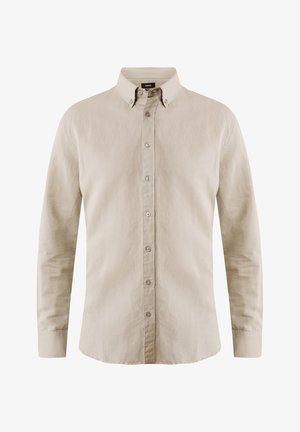 Camisa de manga larga, color beige, hecha de tela texturizada con collar tipobutton-down y botones en la parte frontal; presenta un ajuste clásico y un diseño a medida.