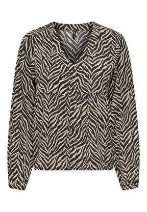 Blusa a stampa zebra con maniche lunghe, scollatura a V profonda, chiusura frontale con bottoni e tessuto texturizzato nelle tonalità beige e nero.