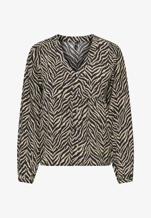 Blúzka so zebrovým vzorom s dlhými rukávmi, hlbokým výstrihom do V, gombíkovým zapínaním a textúrovanou látkou v béžových a čiernych tónoch.