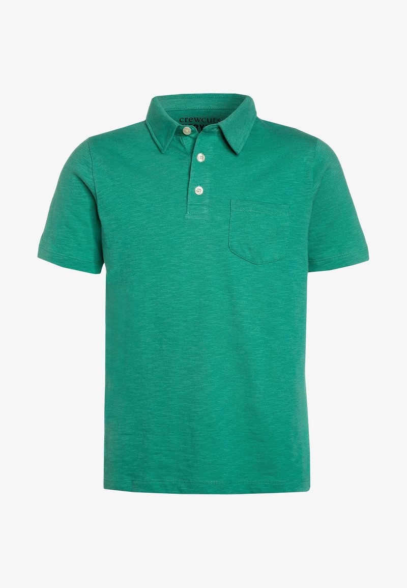Polo shirt vert à manches courtes avec trois boutons blancs et une petite poche poitrine, posé à plat sur un fond blanc.