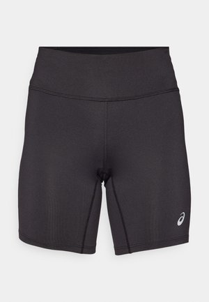 Pantaloni sportivi neri con una texture liscia, design aderente e un alto punto vita. Presentano cuciture in contrasto e un piccolo logo sulla parte inferiore della gamba.