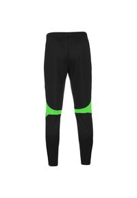 Schwarze Sporthosen mit grünen seitlichen Akzenten, elastischem Bund, schmalem Schnitt und glatter Textur. Ideal für Sportbekleidung.