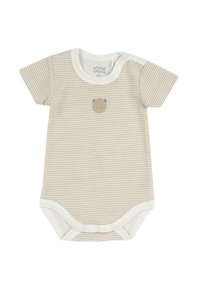 Pruhovaný dětský overal v béžové a krémové barvě, s krátkým rukávem, kulatým výstřihem a výšivkou medvěda na přední straně. Zapínání na patentky ve rozkroku.