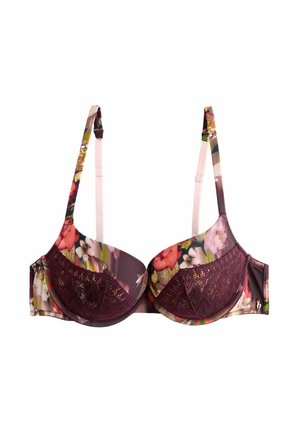 Floral-patterned bra featuring a deep burgundy base, padded underwire cups, and adjustable straps, with lace detailing on the cups.