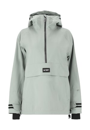Lichtgrijze pulloverjas met capuchon, voorzijde met ritsluiting en zwarte accenten. Bevat geperforeerde stukken en een borstzak met logo.