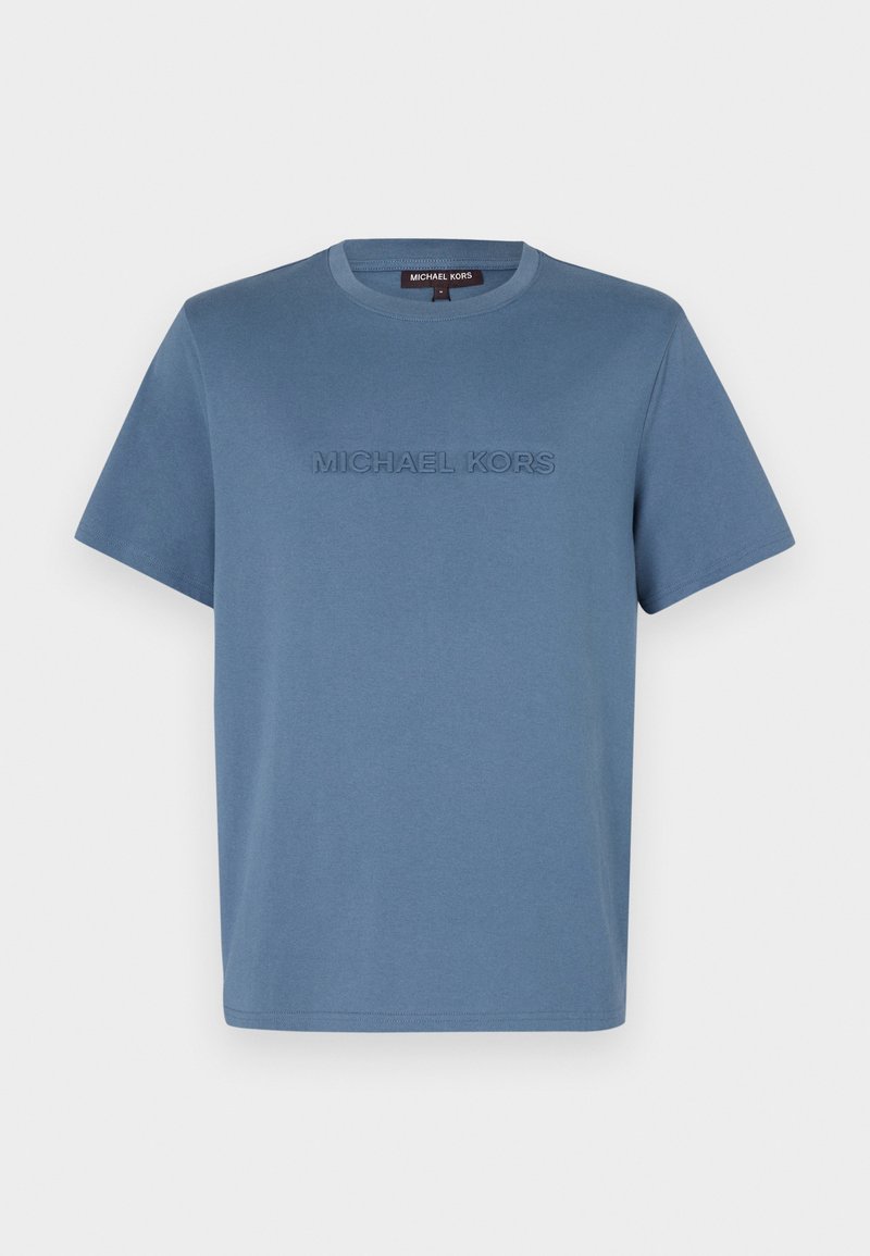 Hellblaues Baumwoll-T-Shirt mit Rundhalsausschnitt und kurzen Ärmeln, auf der Vorderseite mit "MICHAEL KORS" in passender Farbe eingeprägt.