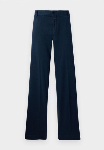 Navy blue, wide-leg pants made of smooth fabric. Features a front button closure, belt loops, and a clean hem. No visible patterns or accents.
