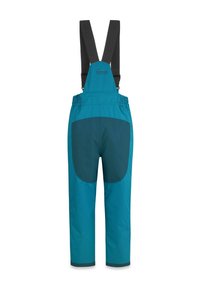 Türkisfarbene wasserdichte Overalls mit schwarzen verstellbaren Trägern, elastischem Bund und verstärkten grauen Flicken am Gesäß. Glatte Textur.