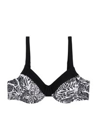 Soutien-gorge noir et blanc avec tissu à motif de feuilles, bonnets avec armatures, bretelles noires ajustables et panneau central noir uni.