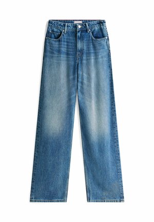 Hochtaillierte, weit geschnittene Jeans aus mittelblauem Denim. Verfügt über fünf Taschen, einen Knopfverschluss und dezente Ausbleichungen für Textur.