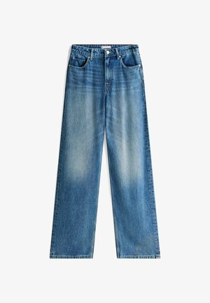 Jeansy o wysokim stanie, szerokie nogawki, w średnim niebieskim denimen. Posiada pięć kieszeni, zapięcie na guzik oraz subtelne wyblaknięcia dla uzyskania tekstury.