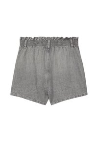 Szare szorty dżinsowe o luźnym kroju, z elastyczną talią ozdobioną falbankami oraz prostymi detalami dziewiarskimi.