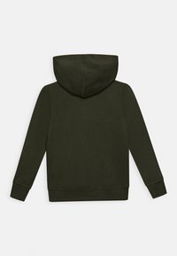 Sudadera con capucha en verde oscuro. Fabricada con tela suave, cuenta con un bolsillo tipo canguro, puños y dobladillo acanalados. Textura suave y un corte holgado.