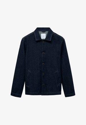 Temno modra jeans jakna s kragnico, z gumbi spredaj, dvema stranskima žepoma in ravnim robom. Teksturni material s klasičnim sproščenim dizajnom.