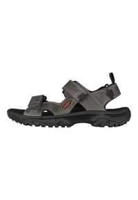 Gray outdoor sandal featuring synthetic upper, adjustable straps, open toe design, contoured footbed, and rugged black rubber sole.