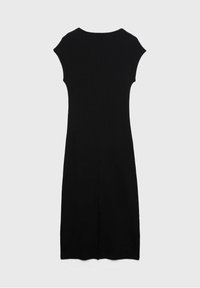 Abito nero con maniche a cappuccio, taglio dritto, lunghezza al ginocchio, dettaglio con spacco sul retro, texture liscia, design minimale, senza motivi o accenti visibili.