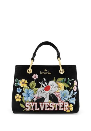 Borsa nera con manici dorati con il personaggio dei cartoni animati Sylvester, fiori ricamati colorati e il nome Sylvester in lettere grassetto.