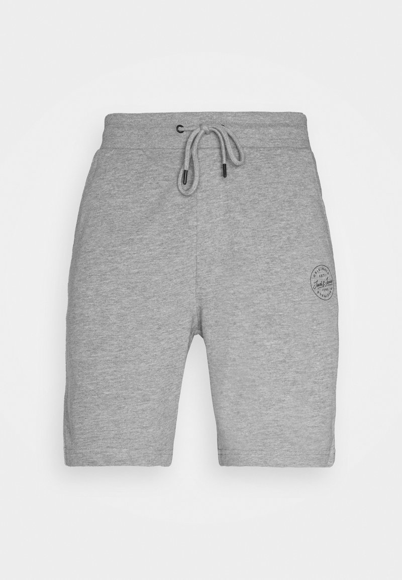 Shorts gris clair en mélange de coton avec taille élastique, cordon de serrage et petit logo circulaire sur la cuisse gauche.