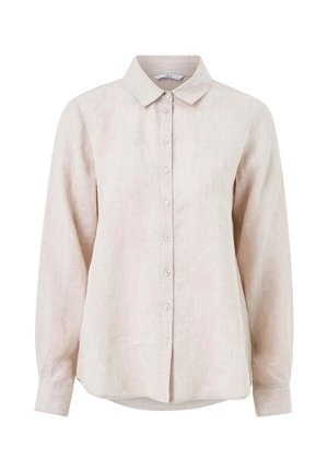 Lys beige linned skjorte med krave, lange ærmer og knaplukning foran. Har et subtilt struktureret mønster.