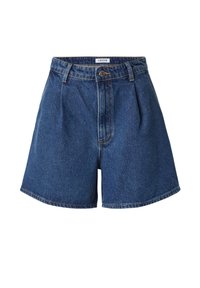 Dunkelblaue Jeansshorts mit hoher Taille, gefälteltem Vorderdesign und geradem Bein. Klassischer Fünf-Taschen-Stil, metallene Knopfverschluss.
