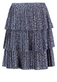 Falda plisada de capas en azul oscuro con un estampado floral. Presenta capas de tela con una textura suave y una cintura elástica.