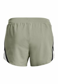 Pantalones cortos deportivos de color verde claro con paneles laterales de malla negra y blanca, cinturilla elástica, mostrados desde la parte posterior.