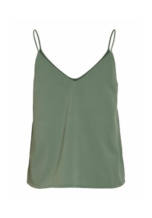 Lys grønn ermeløs kvinnes camisole med tynne skulderstropper og V-utringning, vist mot en hvit bakgrunn.